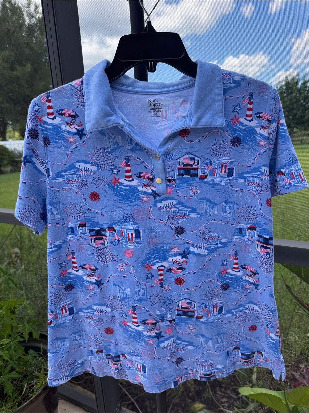 Kim Rogers cotton Light Blue Nautical Polo Red white & Navy patriotic